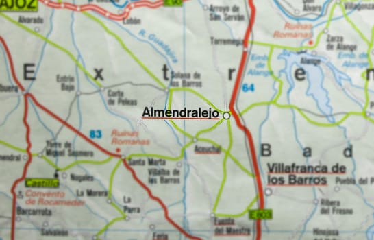 Almendralejo town on the map, Extremadura, Badajoz, Spain. Selective focus over word
