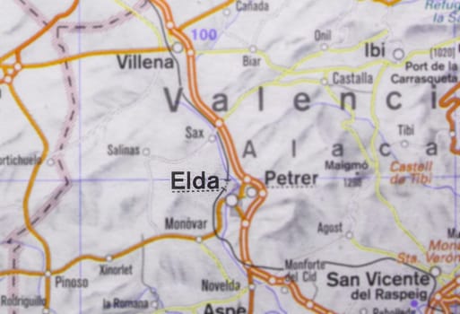 Elda city on map, Valencian Community, Spain. Selective focus on city