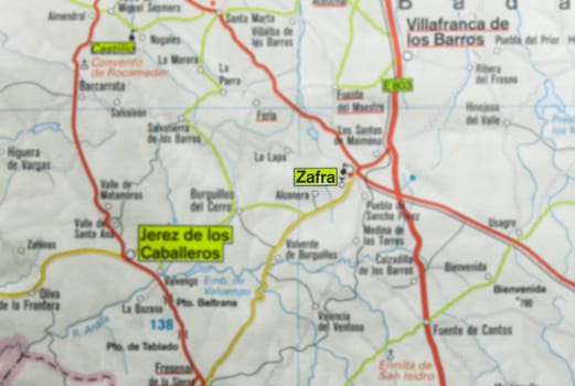 Zafra city on the map, Extremadura, Badajoz, Spain. Selective focus over word