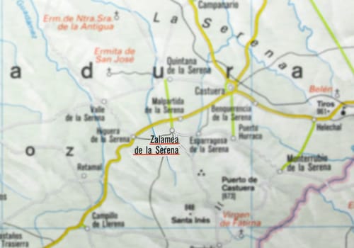 Zalamea de la Serena city on the map, Extremadura, Badajoz, Spain. Selective focus over word