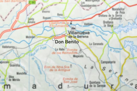Don Benito city on the map, Extremadura, Badajoz, Spain. Selective focus over word
