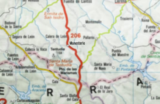 Monesterio city on the map, Extremadura, Badajoz, Spain. Selective focus over word