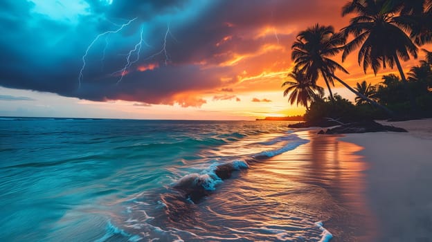 tropical beach view at cloudy stormy sunset with white sand, turquoise water and palm trees. Neural network generated image. Not based on any actual scene or pattern.