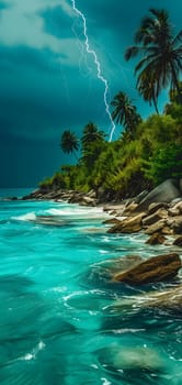 tropical beach view at cloudy stormy night with white sand, turquoise water and palm trees. Neural network generated image. Not based on any actual scene or pattern.