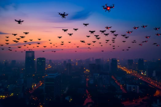 swarm of drones over city at summer sunset or sunrise. Neural network generated image. Not based on any actual scene or pattern.