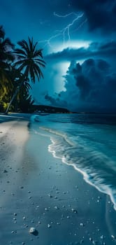 tropical beach view at cloudy stormy night with white sand, turquoise water and palm trees. Neural network generated image. Not based on any actual scene or pattern.
