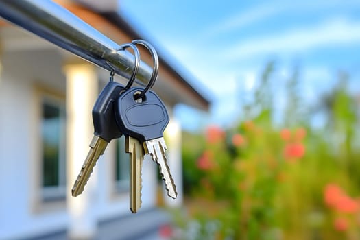 Keys in front of new house at sunny summer morning or evening. Neural network generated image. Not based on any actual person or scene.