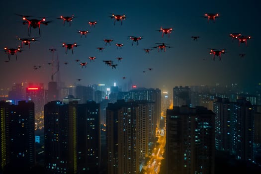 Group of drones over city at summer night. Neural network generated image. Not based on any actual scene or pattern.