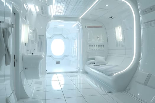futuristic clean white space station style interior of bedroom. Neural network generated image. Not based on any actual scene or pattern.