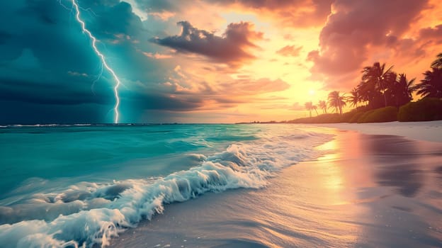 tropical beach view at cloudy stormy sunset with white sand, turquoise water and palm trees. Neural network generated image. Not based on any actual scene or pattern.