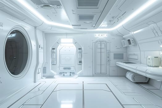 futuristic clean white space station style interior. Neural network generated image. Not based on any actual scene or pattern.