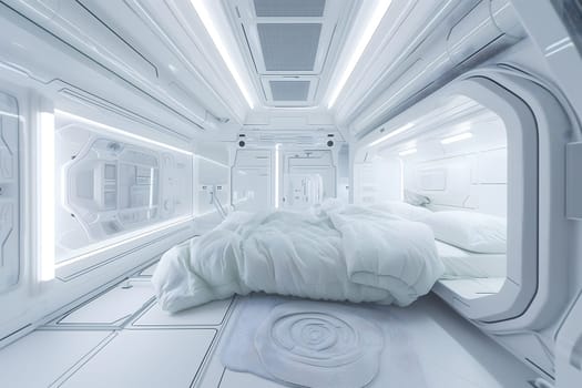 futuristic clean white space station style interior of bedroom. Neural network generated image. Not based on any actual scene or pattern.