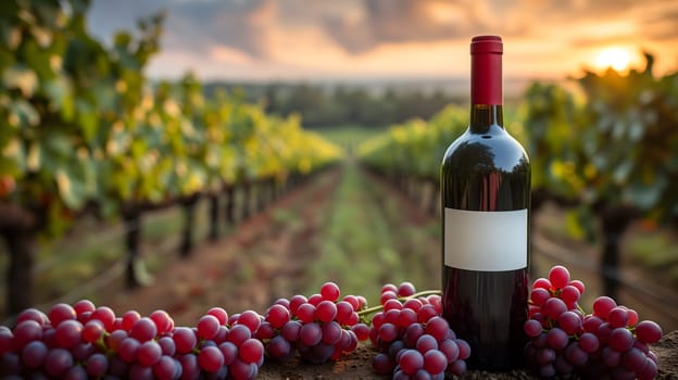 A red wine bottle in front of a landscape of grape farmland. Neural network generated image. Not based on any actual scene or pattern.