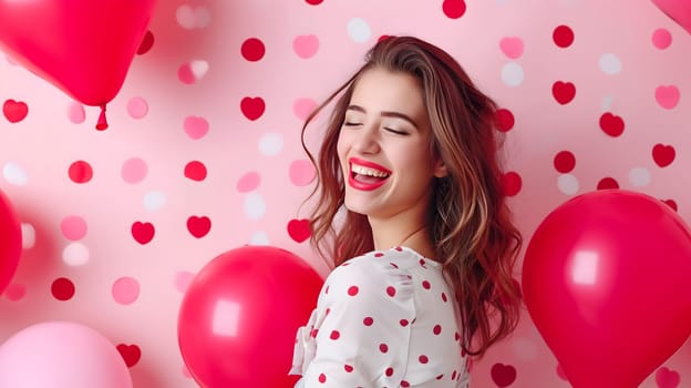Young adult woman with red and pink air balloons laughing, on pink polka dots background. Happy holiday party. Joyful beauty having fun, celebrating Valentine's Day. Neural network generated image.
