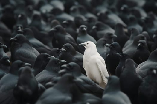 A white crow among many black crows. Neural network generated image. Not based on any actual scene or pattern.