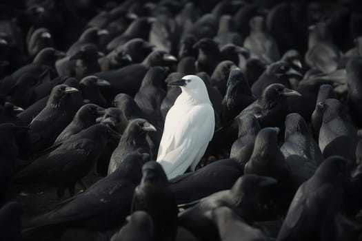 A white crow among many black crows. Neural network generated image. Not based on any actual scene or pattern.