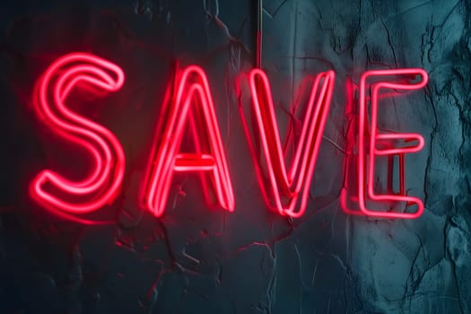 Neon word save on dark shabby wall. Neural network generated image. Not based on any actual scene or pattern.