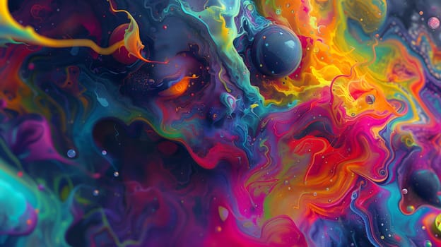 Saturated colorful mad abstract background, random different shapes and objects, hallucinations of ancient shaman after mushroom overdose. Neural network generated image. Not based on any actual scene or pattern.