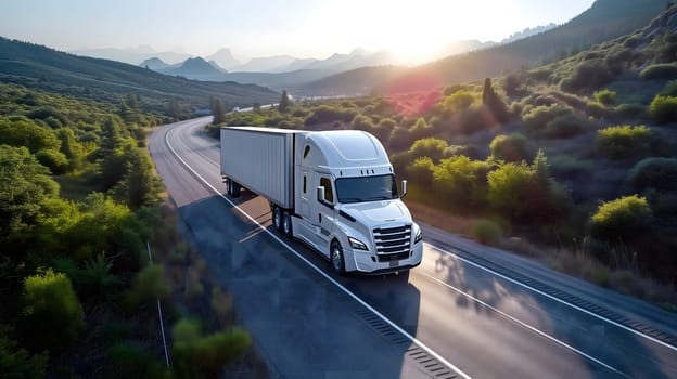American long-nose semitruck on a highway. Neural network generated image. Not based on any actual scene or pattern.