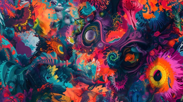 Saturated colorful mad abstract background, random different shapes and objects, hallucinations of ancient shaman after mushroom overdose. Neural network generated image. Not based on any actual scene or pattern.