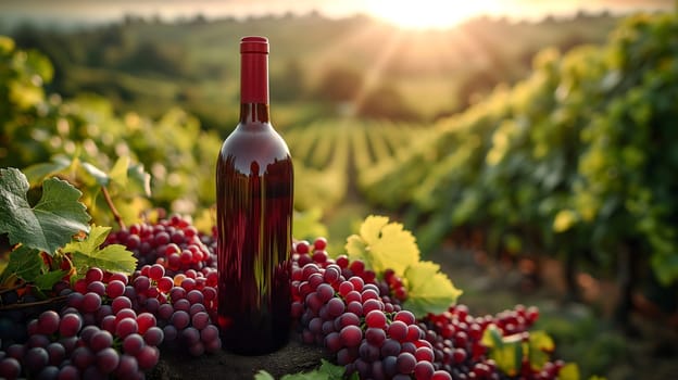 A red wine bottle in front of a landscape of grape farmland. Neural network generated image. Not based on any actual scene or pattern.