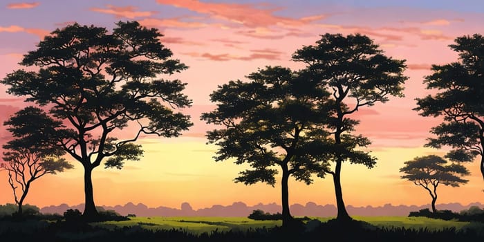 Silhouettes of trees or birds in the distance, subtly outlined against the vibrant sunset sky.
