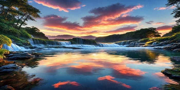 Waterfall reflecting the colors of the sunset in its shimmering waters, creating a mirror-like effect that adds depth and visual interest to the illustration.