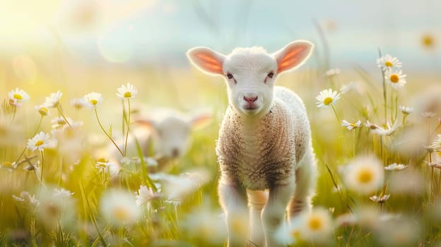 A cute cheerful little lamb having fun in the summer daisy field. AI generated