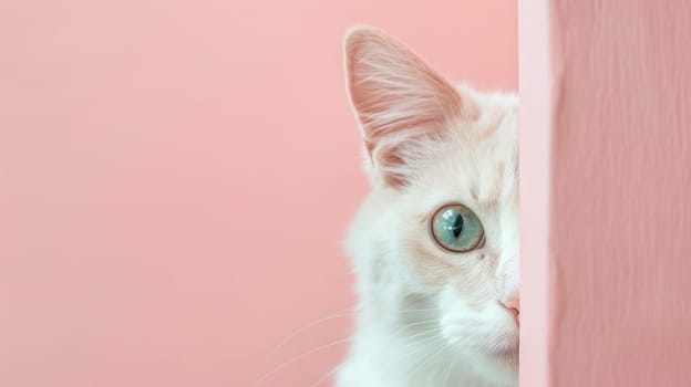 Funny cat peeks out from behind the pink wall. Copy space. AI generated