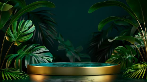 Oval podium display with golden lines and tropical plants. Copy space green background. Cosmetics or beauty product promotion mockup. AI generated