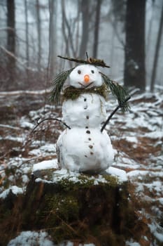 Snowman on a tree stump with a carrot for a nose, buttons, a branch for arms and pine needles for hair. In the snow-covered forest.