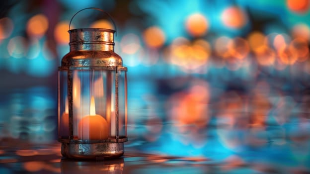 Lantern with a burning candle in front of bokeh background