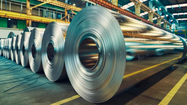 Large rolls of aluminum and stainless steel sheets stacked in an industrial warehouse, materials use for construction or industry production. AI generated