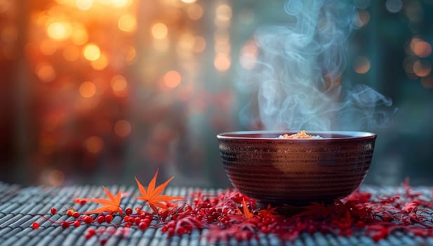 Chinese tea ceremony, bowl of chinese herbal tea with red and orange leaves