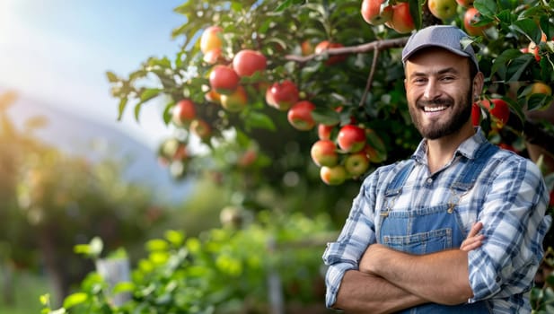 Portrait of smiling farmer standing with crossed arms in apple orchard