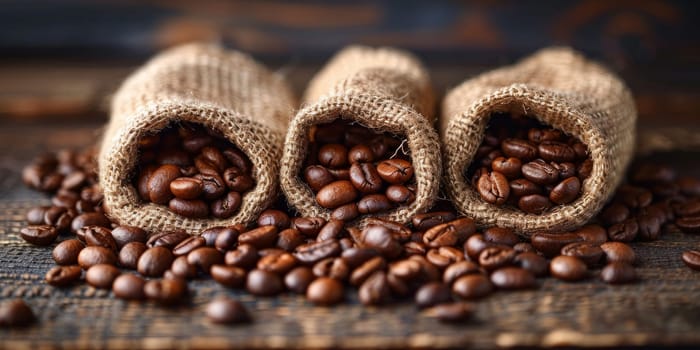 Coffee beans in burlap bags on a wooden background.