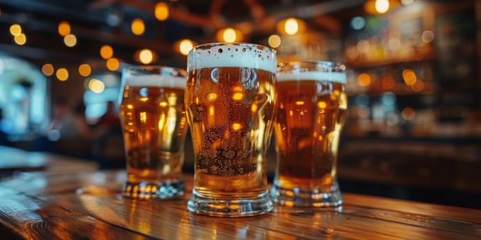 Amber beer showcased in three glasses on a pubs wooden table