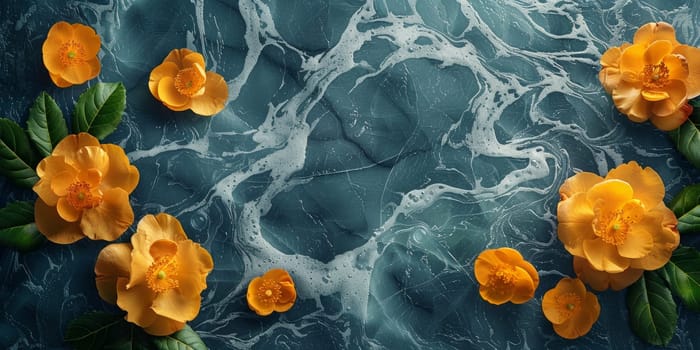 Creative layout made of yellow flowersle background. Flat lay, top view, copy space
