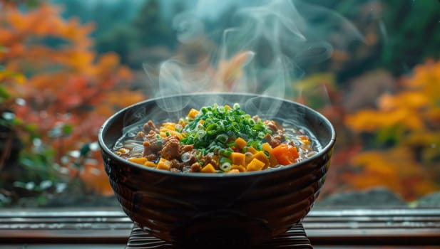 Chinese hot pot with meat and vegetables on the windowsill in autumn
