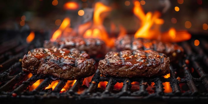 Grilling beef steaks on barbecue grill with flames, close up