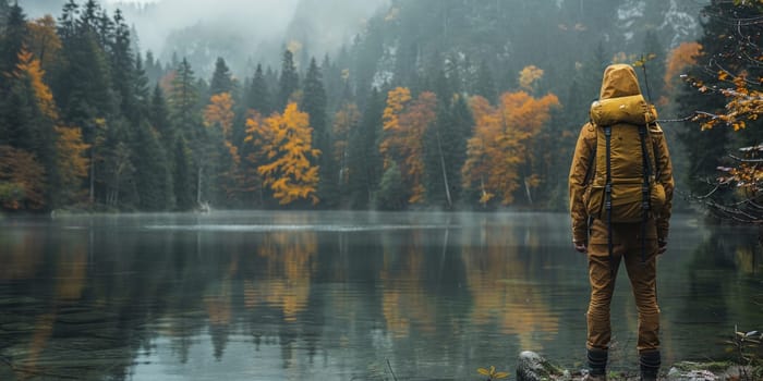 Man in a yellow raincoat stands on the bank of a mountain lake in autumn.