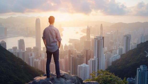 Businessman standing on top of the mountain and looking at the city