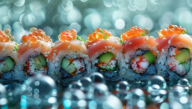Sushi rolls topped with fresh salmon and caviar rest on a reflective surface