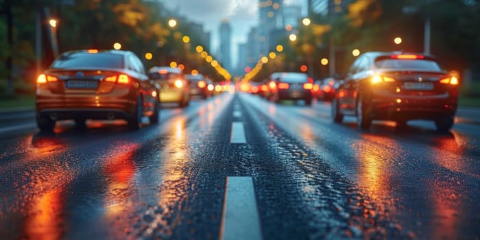 Illuminated City Traffic on a Rainy Night