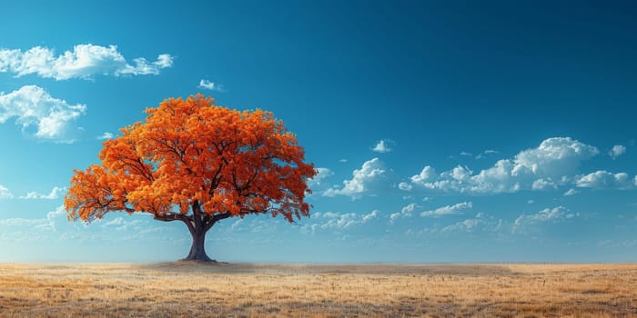 Autumn landscape with a lonely tree and blue sky.