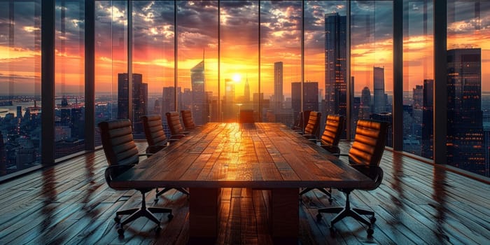 Sunlit boardroom with a panoramic city view.