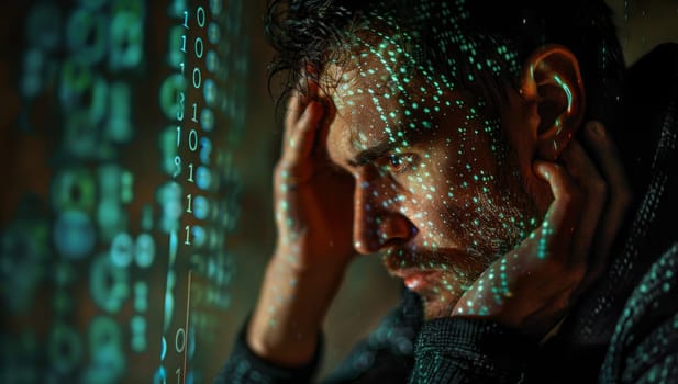 Stressed man with binary code on his head. Cybercrime concept.