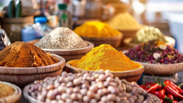 Vibrant spices and herbs fill wooden bowls