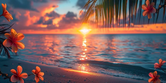 Tropical sunset on the beach with palm leaves and flowers.