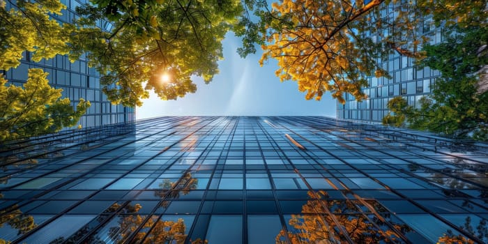 Low angle view of towering skyscrapers with reflective glass surfaces